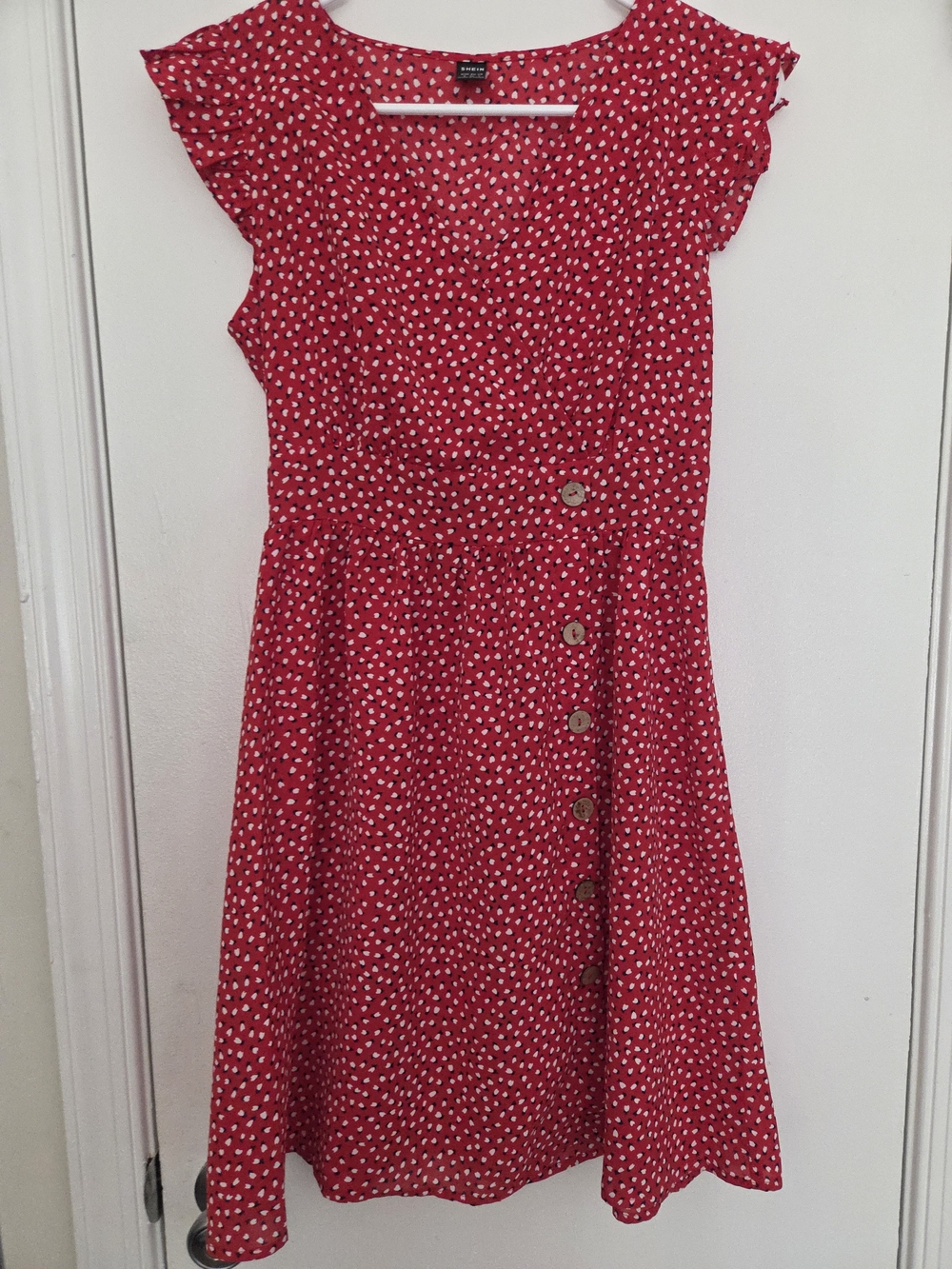 SHEIN Red Polka Dot Floral Ruffle Sleeve Button Front Mini Dress Small Smocked